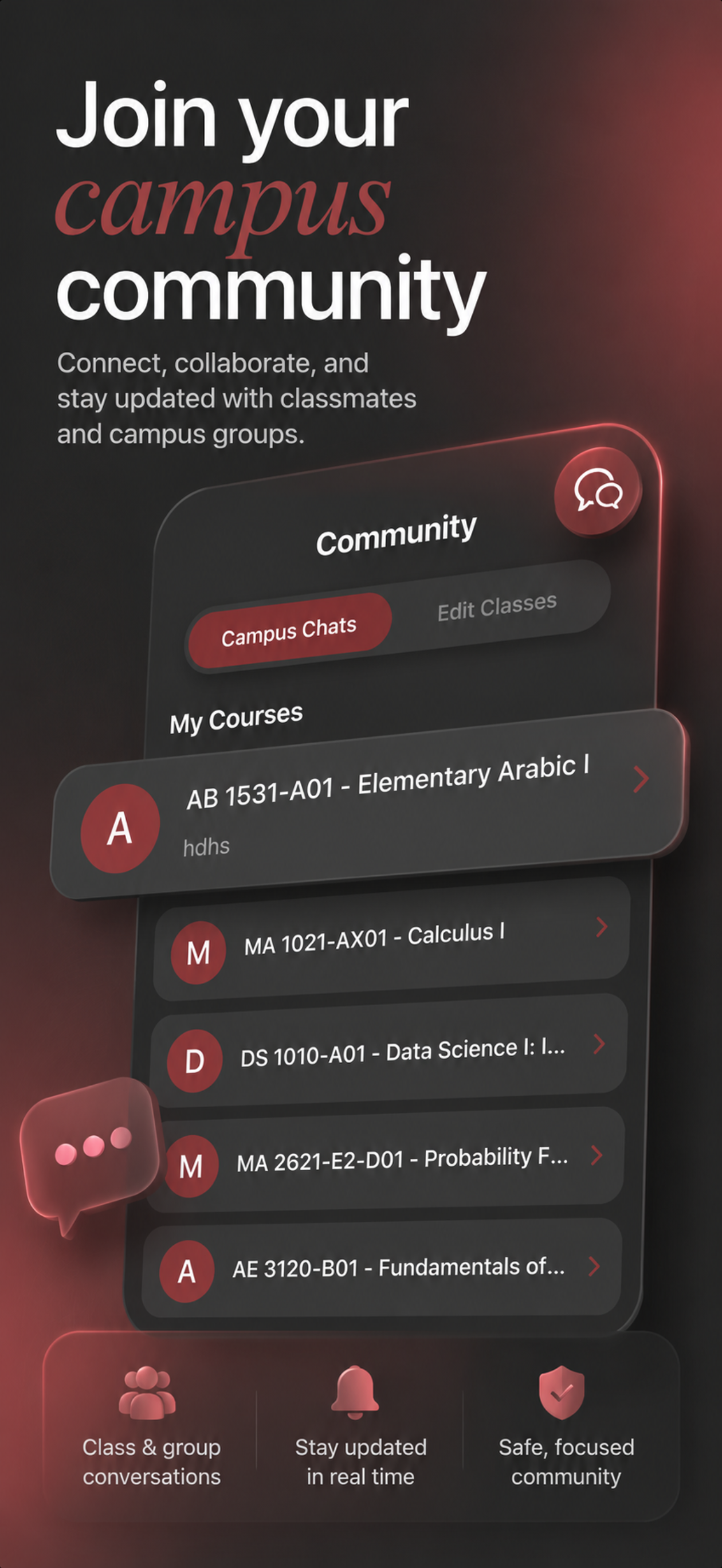 Campus chat list showing a student's enrolled courses