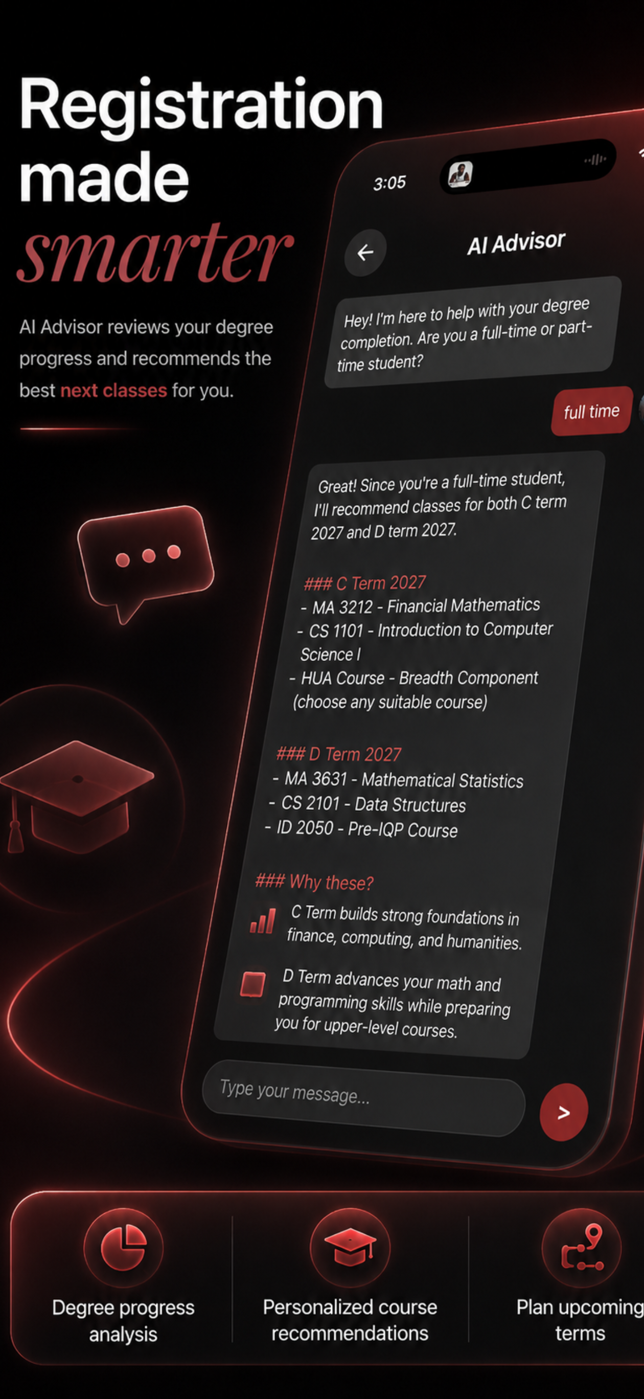 AI advisor screen recommending courses for an upcoming term