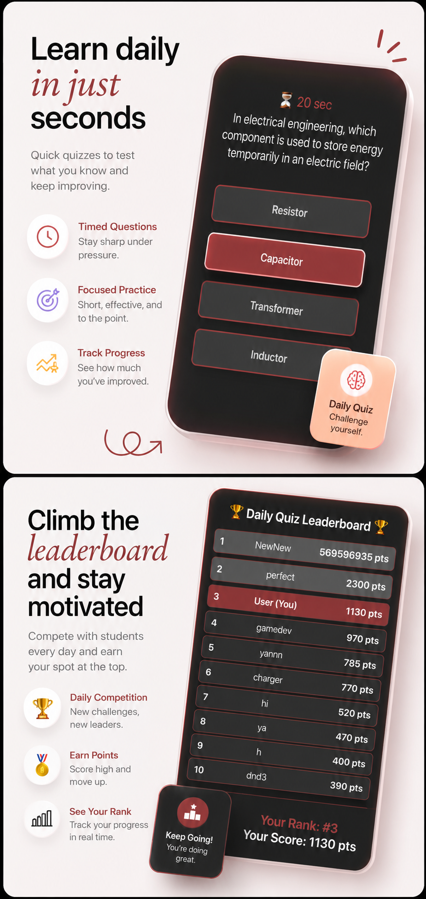 Daily quiz question and leaderboard showing student rankings