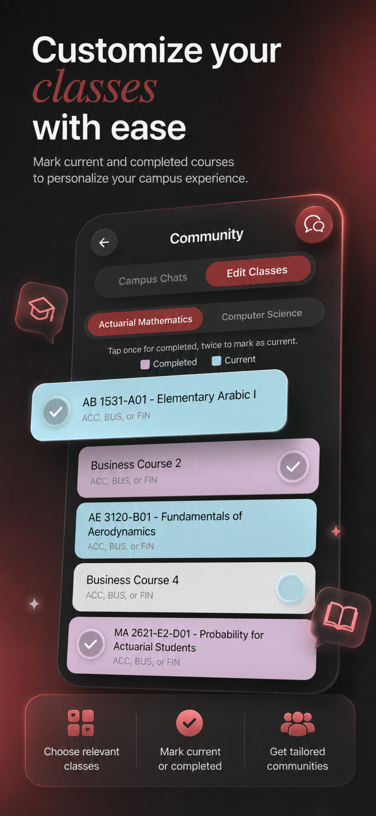 Class selection screen for marking current and completed courses