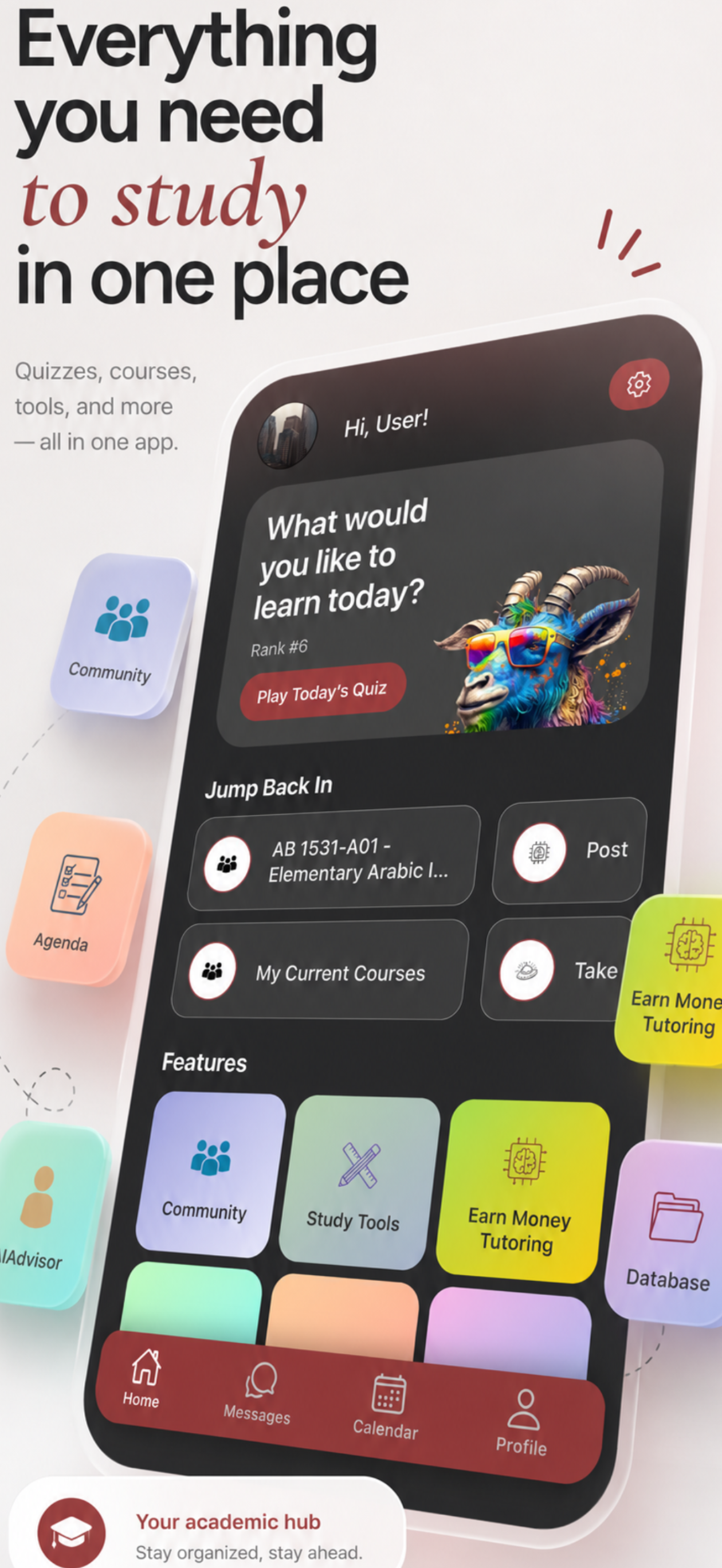 theHerd home screen showing daily quiz, courses, and quick links to app features